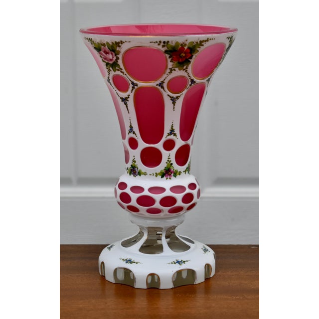 Vintage Pair of Moser? Bohemian Cased Glass Cranberry & White Hand Painted Vases For Sale - Image 13 of 13