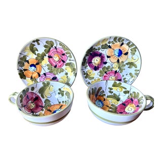 Vintage Italian Faience Oversized Cups & Saucers-Set 2 For Sale