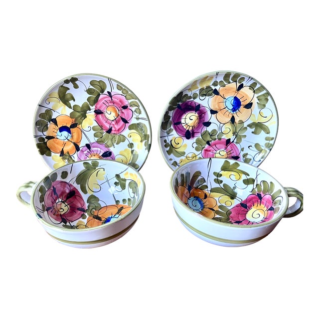 Vintage Italian Faience Oversized Cups & Saucers-Set 2 For Sale