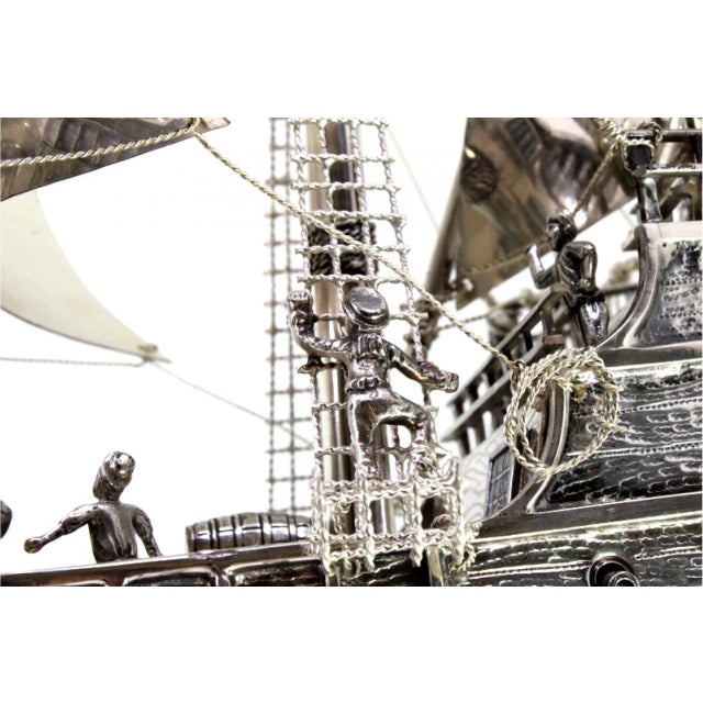 Large Silver Galleon with Applications, Sails, Masts, Ropes, Cannons and Anchors For Sale - Image 9 of 12