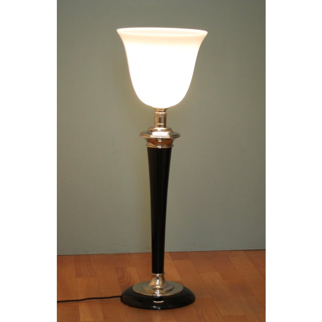 Wood French Art Deco Table Lamp in Black Wood and Silver Metal from Mazda, 1920s For Sale - Image 7 of 16