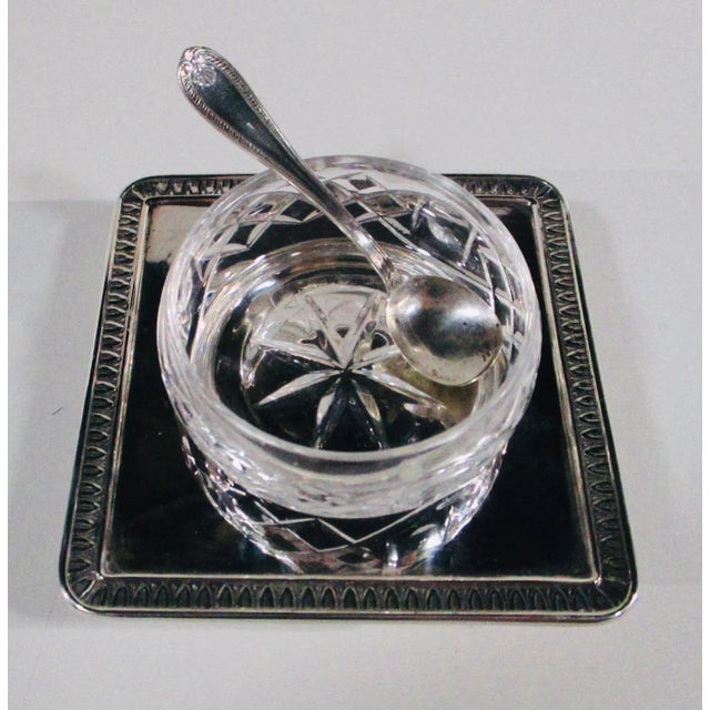 Italian salt cellar with cut crystal bowl on a footed square tray and serving spoon. Hallmarked to the back 800. Tray,...