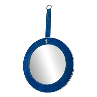 Blue Velvet and Brass Medallion Mirror, 1960s For Sale