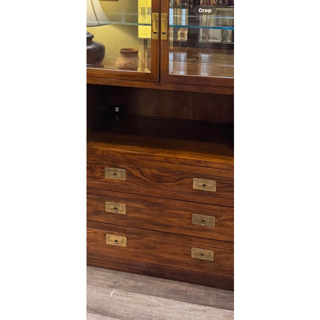 1970s Henredon Scene One Campaign Oak Lighted Display and Bar Cabinet For Sale - Image 9 of 9
