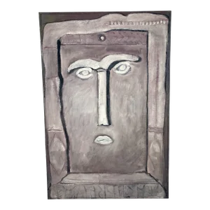 1980s Abstract Face Original Oil Painting by Dorothy Preston, Framed
