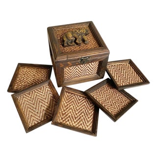Vintage Thai Woven Wooden Box With Elephants | 5 Coasters For Sale