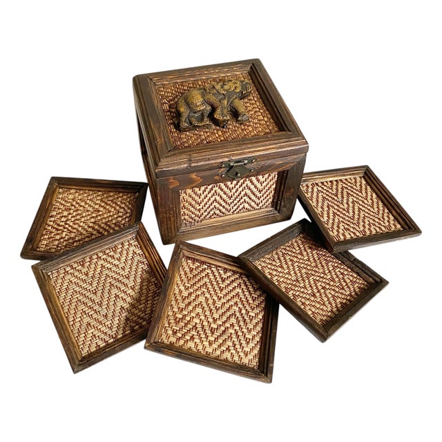 Vintage Thai Woven Wooden Box With Elephants | 5 Coasters For Sale