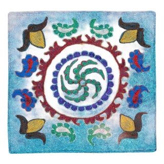 16"x16" Hand Embroidered Silk and Cotton Cushion Cover. Blue Toss Pillow Cover For Sale