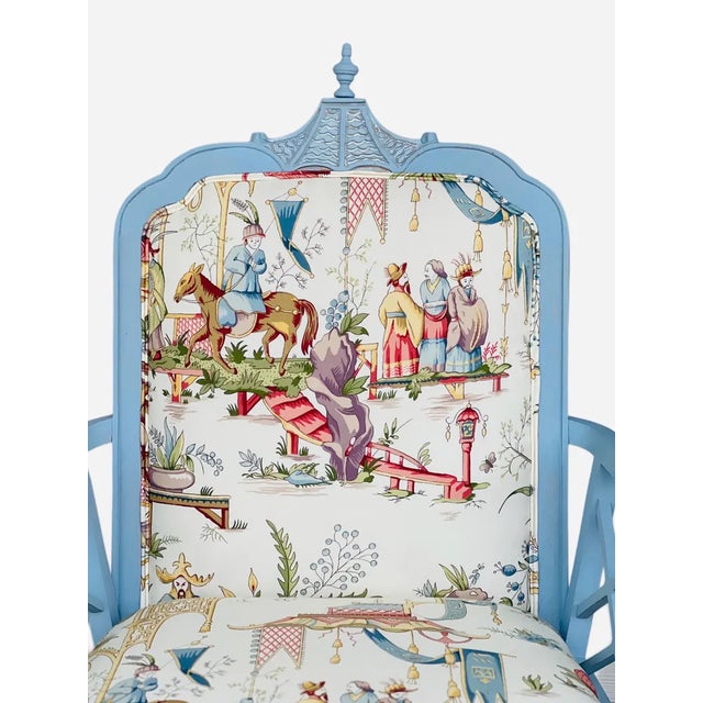 1980s Pair Newly Upholstered Blue Chinese Chippendale Chairs in Schumacher Tientsin Toile For Sale - Image 11 of 17