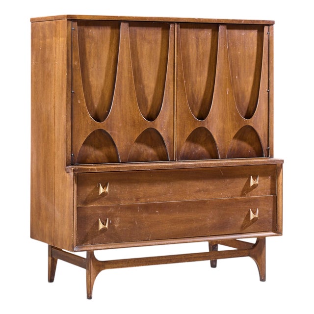Broyhill Brasilia Mid Century Walnut and Brass Gentlemans Chest Highboy Dresser For Sale