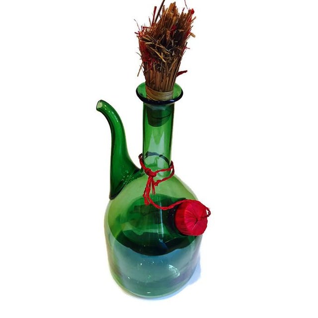 Vintage Tall Italian Glass Wine Chiller Green Glass Decanter Bottle