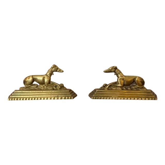 Antique Edwardian Brass Greyhound Fire Dogs, 1900, Set of 2 For Sale