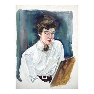 Joseph Yeager Portrait of an Art Student (Unfinished) Impressionist Watercolor Mid-1960s For Sale