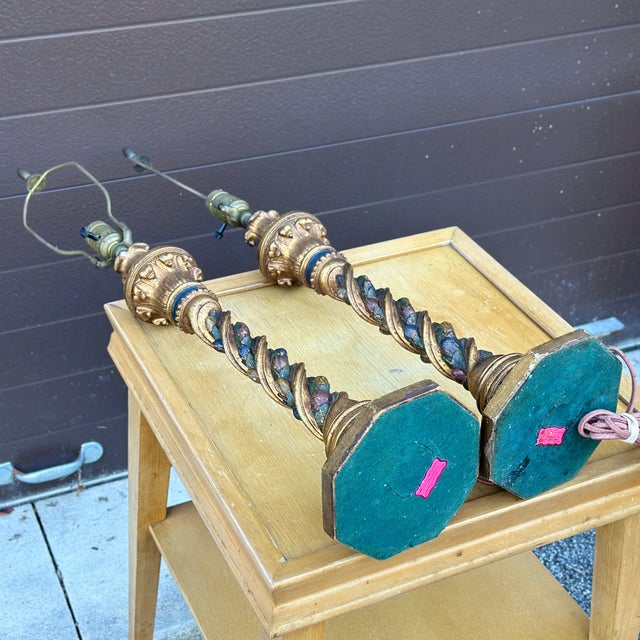 Antique Hand Carved Giltwood Barley Twist Table Lamps - a Pair For Sale - Image 11 of 12