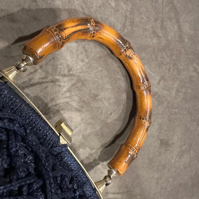1970s Blue Woven Fabric Brass and Bamboo Italian Top Handle Bag For Sale - Image 10 of 12