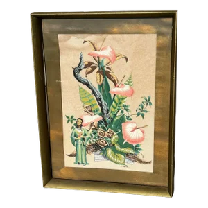 Framed Mid-Century Asian Floral Inspired Watercolor Print by Bunell