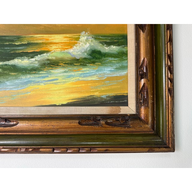 1980’s Vintage Sunset Ocean Landscape Oil on Canvas Painting – Unsigned For Sale - Image 9 of 11
