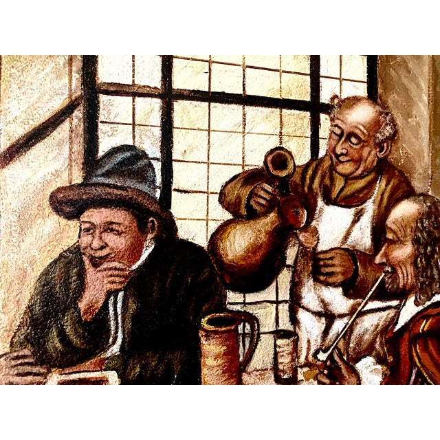 Vintage 1943 Leota Humphrey Oil Painting on Board- Antique Dutch Tavern Scene - Ornate Gold Frame. For Sale - Image 10 of 18