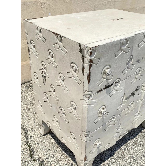 Modern Late 20th Century Breast Cancer Awareness Ribbon 3 Drawer White Carved Wood Chest Nightstand For Sale - Image 3 of 11