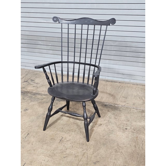 Charles Frumerie Black Fan Back Windsor Arm Chair Bench Made For Sale - Image 4 of 10