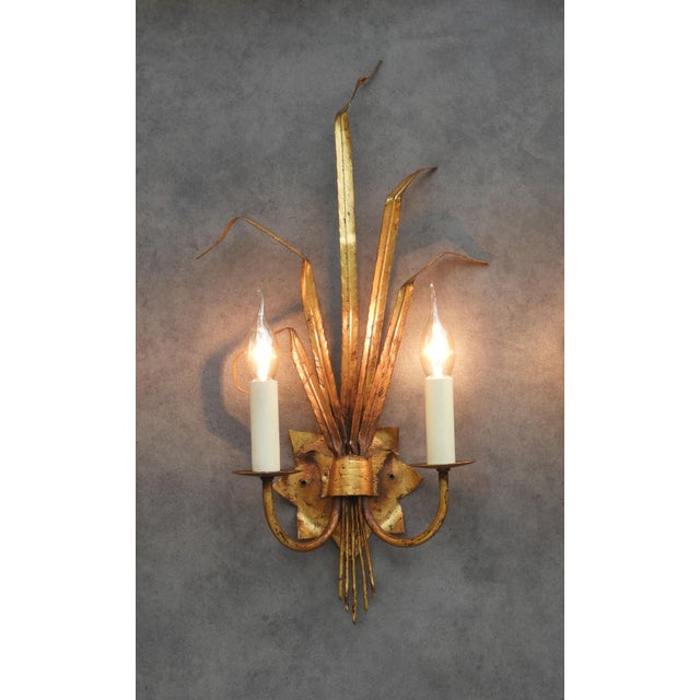 Gold Spanish Gilt Ferrocolor Tole Wheat Sheaf Wall Sconces, 1950, Set of 2 For Sale - Image 8 of 11
