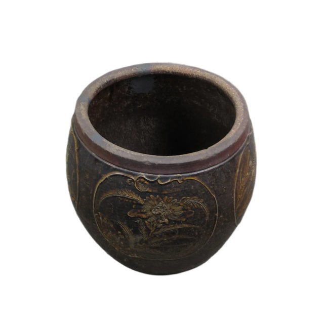 2010s Dark Brown Glazed Earthenware Planter With Hand Painted Mystic Birds and Plants For Sale - Image 5 of 6