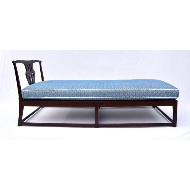 An exquisite English Chippendale style Mahogany daybed with open carved crest & splat having new custom blue & white...
