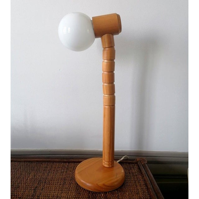 Pine articulated lamp by Solbackens Svareri, vintage Sweden, 1970s. Round globe shade (not original). White opaline. In...