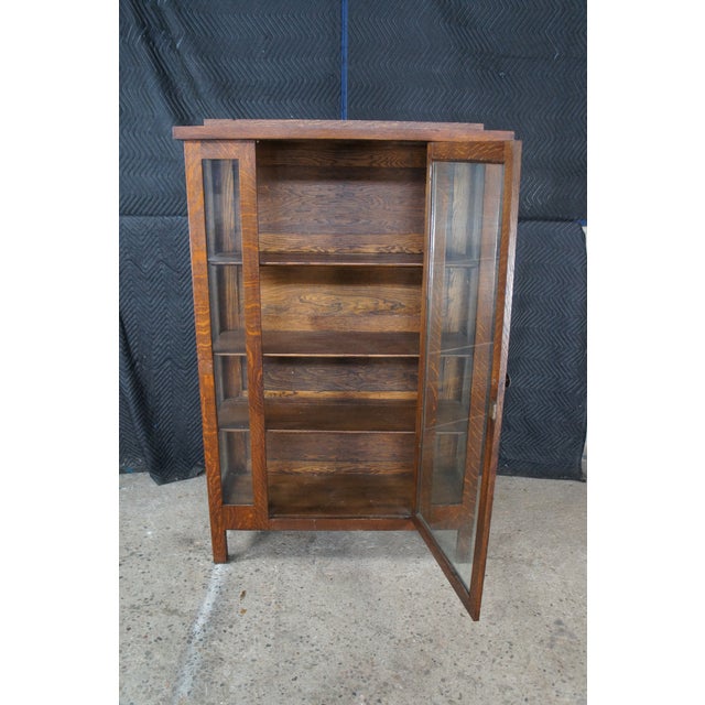 Antique Mission Arts & Crafts Quartersawn Oak Bookcase China Display Cabinet 63" For Sale - Image 4 of 11