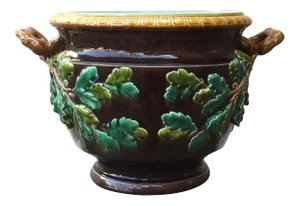 19th Century Monumental Majolica Oak Leaves Cache Pot Planter Sarreguemines
