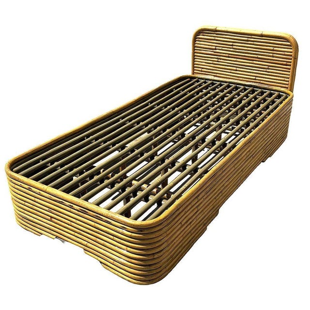 Mid-Century Modern Restored Streamline Art Deco Stacked Rattan Single Size Bed Frame & Headboard For Sale - Image 3 of 7