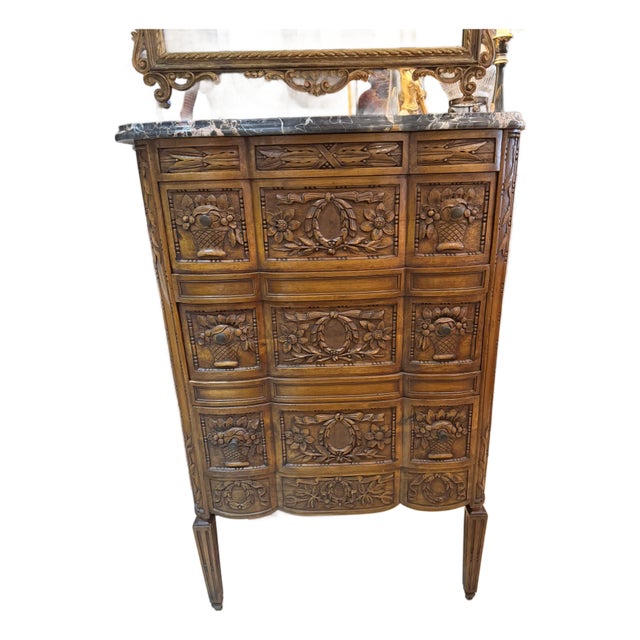 French Carved Walnut Chest W/Marble Top For Sale