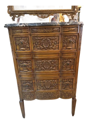 French Carved Walnut Chest W/Marble Top