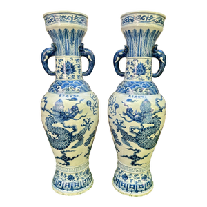 Pair of Antique Ming Dynasty Porcelain Temple Vases With Elephant Handles & Dragon Motifs
