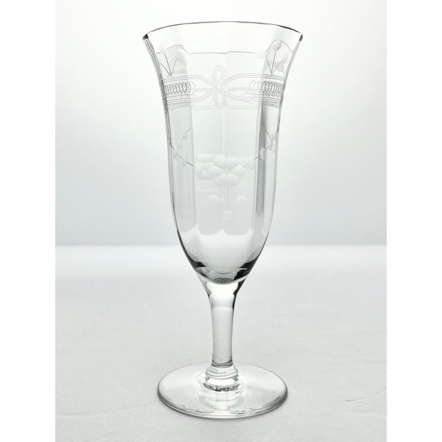 American Vintage Etched Flower & Garland Optic Fluted Champagne Glasses - a Pair For Sale - Image 3 of 6