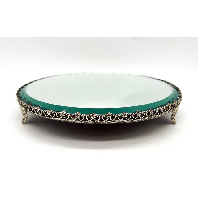 8" Vintage Round Mirrored Plateau Tray With Ornate Silver-Tone Gallery – Hollywood Regency / Neoclassical For Sale - Image 14 of 15