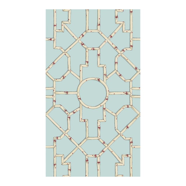 Sample - The House of Scalamandré Baldwin Bamboo Wallcovering, Cream & Red on Aqua For Sale