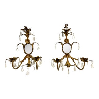 Vintage Italian Tole Mirrored Wall Sconces With Teardrop Crystal Accents- a Pair For Sale