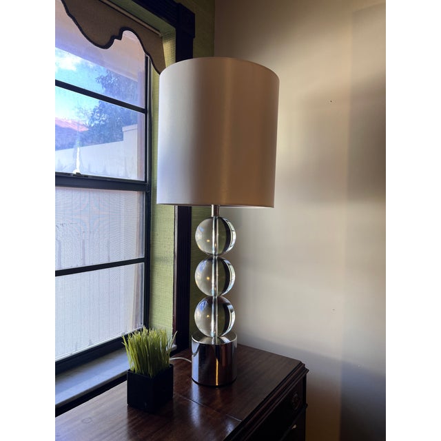 Modern Clear Orb Table Lamp With Chrome Base & Drum Shade For Sale - Image 4 of 4