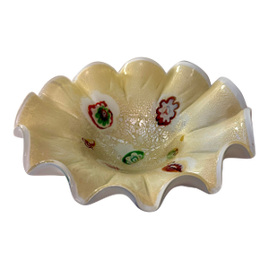 Italian Millefiori Art Glass Bowl 9.5” Ruffled Edge Venetian Crackle Finish