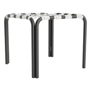 Brown Jordan Kantan Aluminum Stacking Stool/Occasional Table, Suncloth Lace, Textured Pewter frame with White fabric For Sale