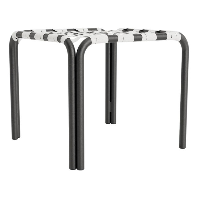 Brown Jordan Kantan Aluminum Stacking Stool/Occasional Table, Suncloth Lace, Textured Pewter frame with White fabric For Sale