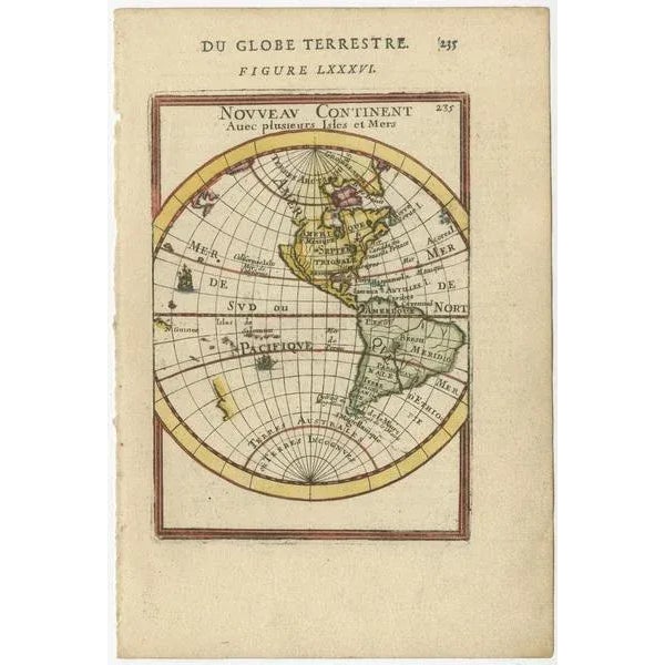 Antique miniature map titled 'Nouveau Continent avec plusieurs Isles et Mers'. Decorative map of the Western Hemisphere,...