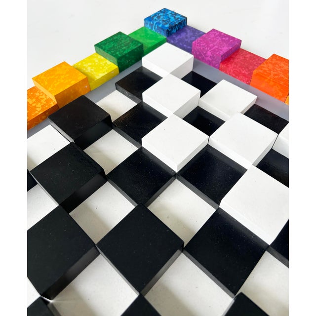 Vintage Bright Colorful Optical Art "Chessboard" Wall Sculpture in Wood Painted For Sale In Miami - Image 6 of 12