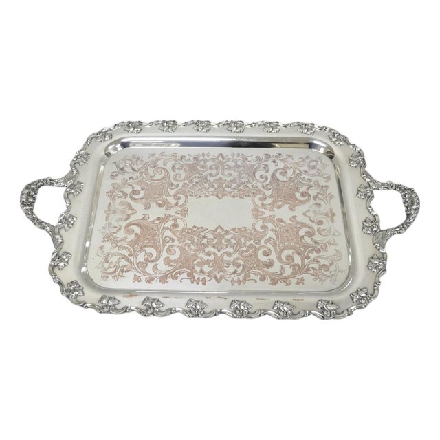 Vintage English Victorian Silver Plated Ornate Footed Serving Platter Bar Tray For Sale