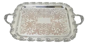 Vintage English Victorian Silver Plated Ornate Footed Serving Platter Bar Tray