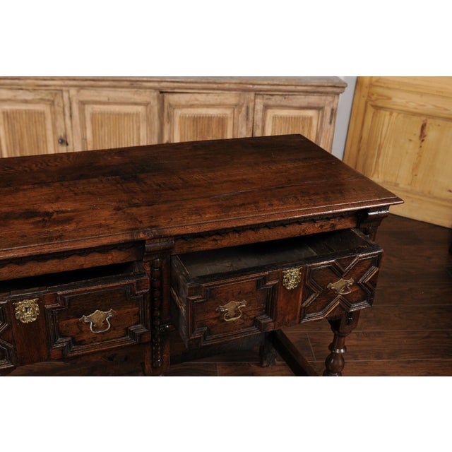 English 1870s Oak Dresser Base with Carved Geometric Front and Two Drawers For Sale - Image 9 of 12