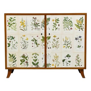 Swedish Modern, Nordens Flora Cabinet, Brass, Floral Lithographs, Sweden, 1930s For Sale