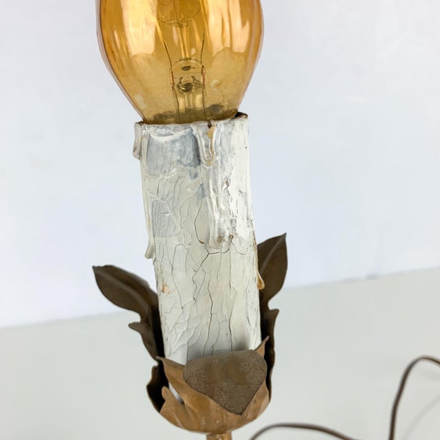 Pair Antique Vintage Victorian Tole Metal Flower Table Lamps Cast Base For Sale - Image 4 of 12
