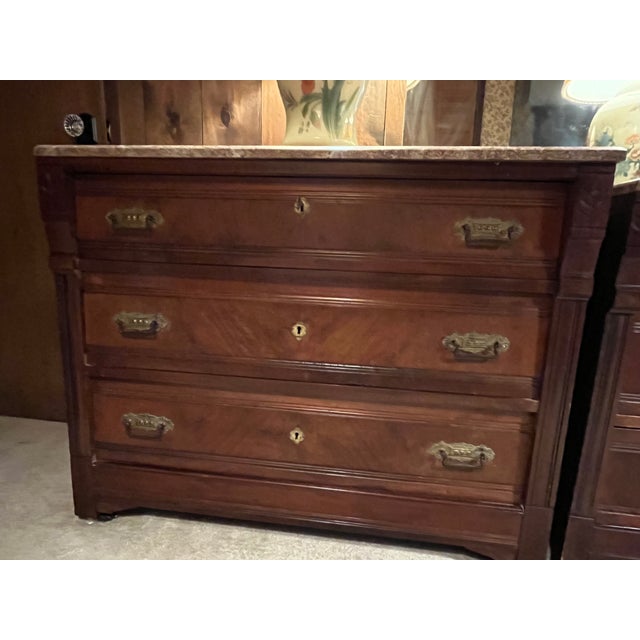 Chocolate Antique 19th Century Marble Top Commode and Matching Dry Sink Cabinet B2 Piece Set For Sale - Image 8 of 16